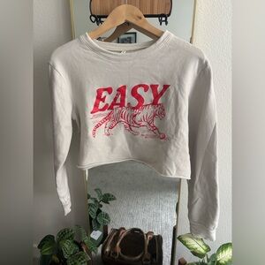 Cream Cropped Sweatshirt with Red Tiger Print